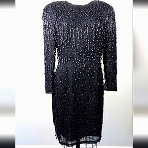 Lillie Rubin woman's black 100% silk formal heavily beaded dress size medium